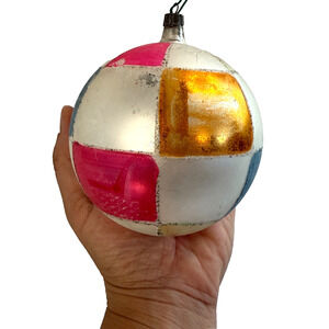 Vintage Jumbo Glass Christmas Ornament Color Block Geometric Patchwork 4" READ